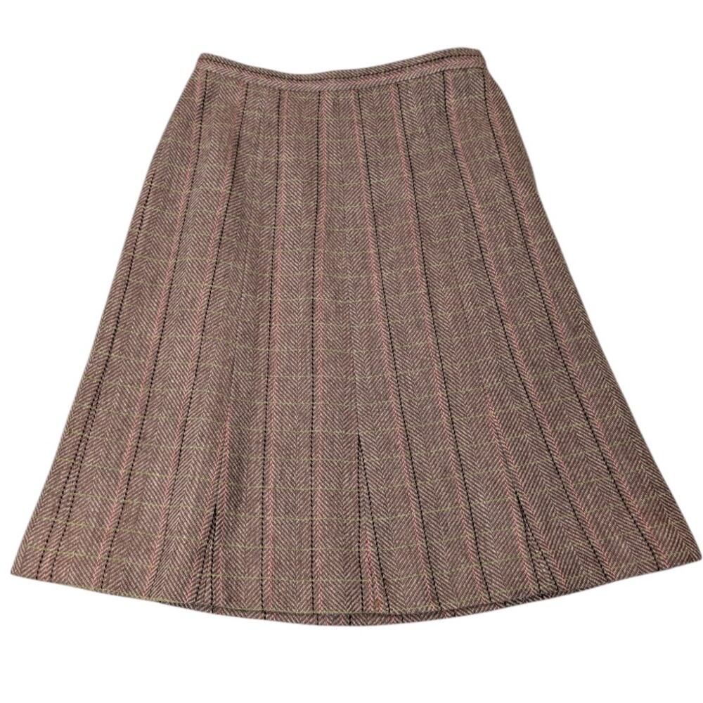 Vintage 1990s Tweed A-Line Skirt Brown Pink Green Plaid Wool Blend